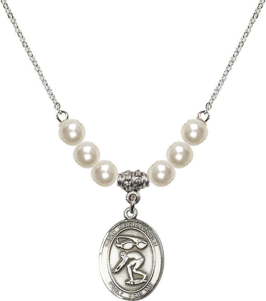 Sterling Silver Saint Christopher/Swimming Birthstone Necklace with Faux-Pearl Beads - 8511