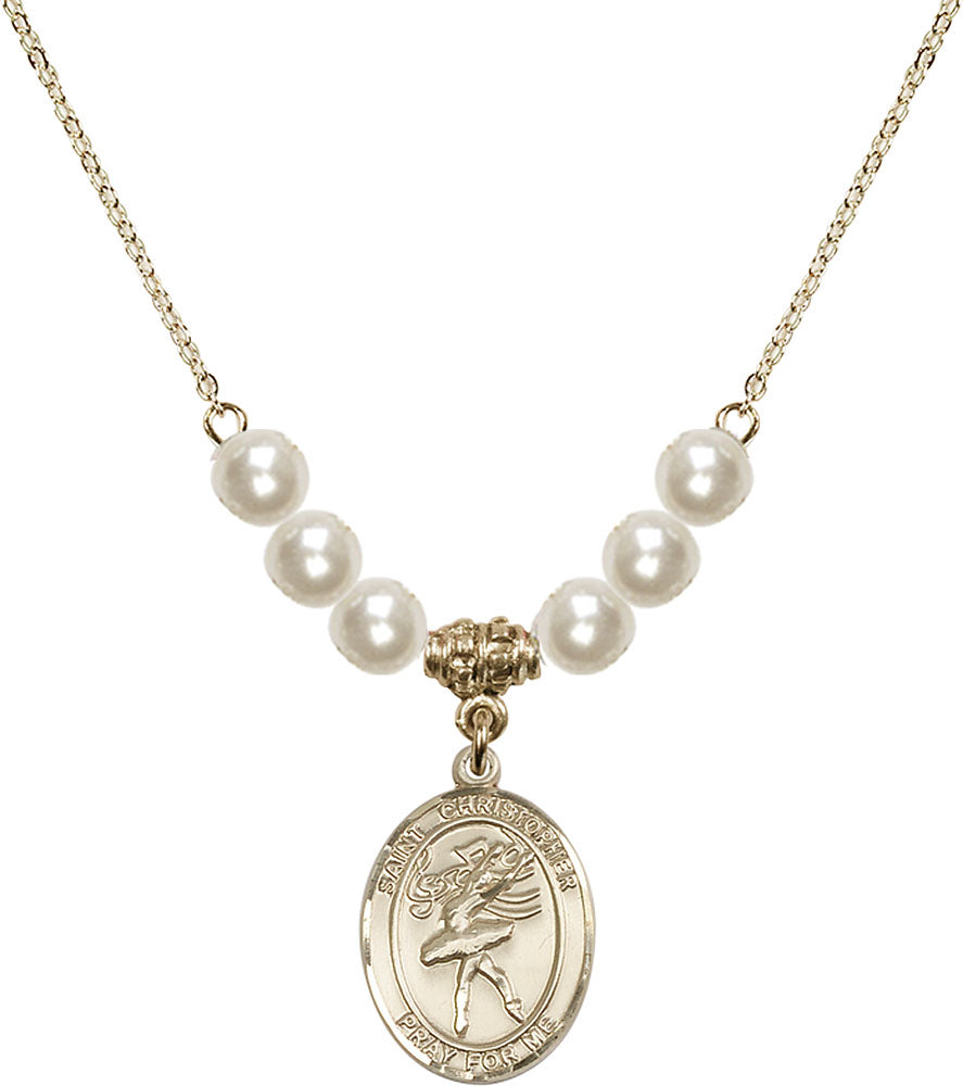 14kt Gold Filled Saint Christopher/Dance Birthstone Necklace with Faux-Pearl Beads - 8512