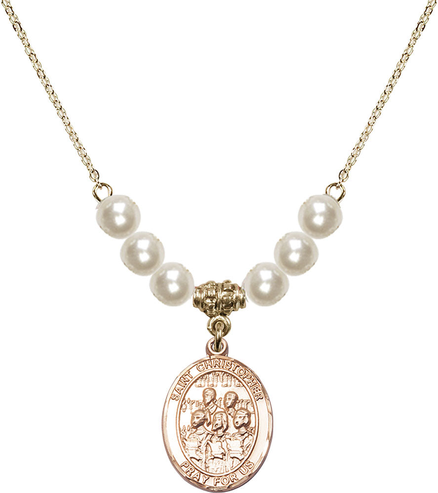 14kt Gold Filled Saint Christopher / Choir Birthstone Necklace with Faux-Pearl Beads - 8514