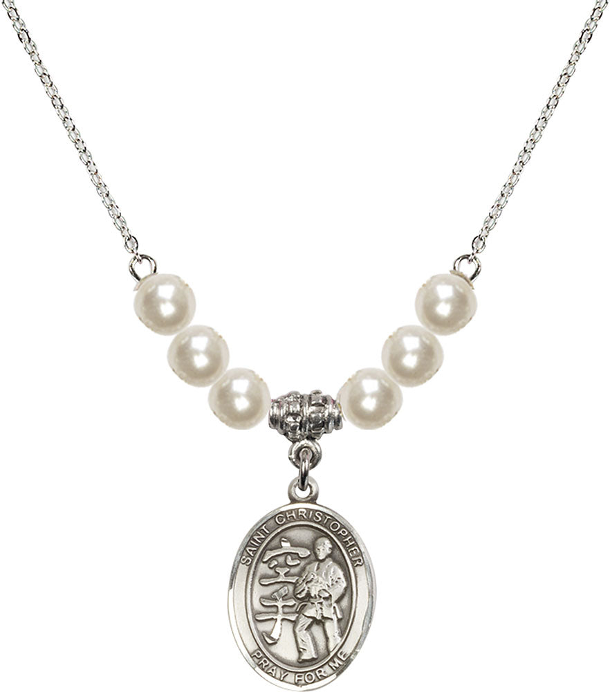 Sterling Silver Saint Christopher / Karate Birthstone Necklace with Faux-Pearl Beads - 8515