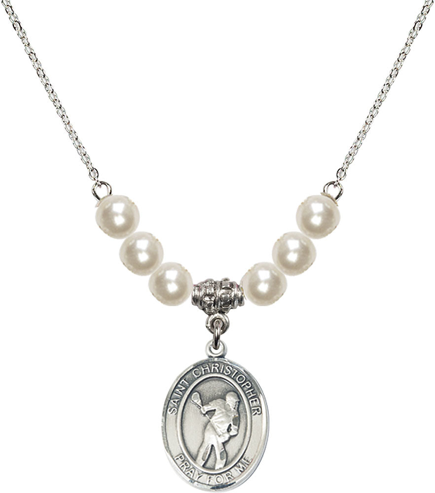 Sterling Silver Saint Christopher/Lacrosse Birthstone Necklace with Faux-Pearl Beads - 8516