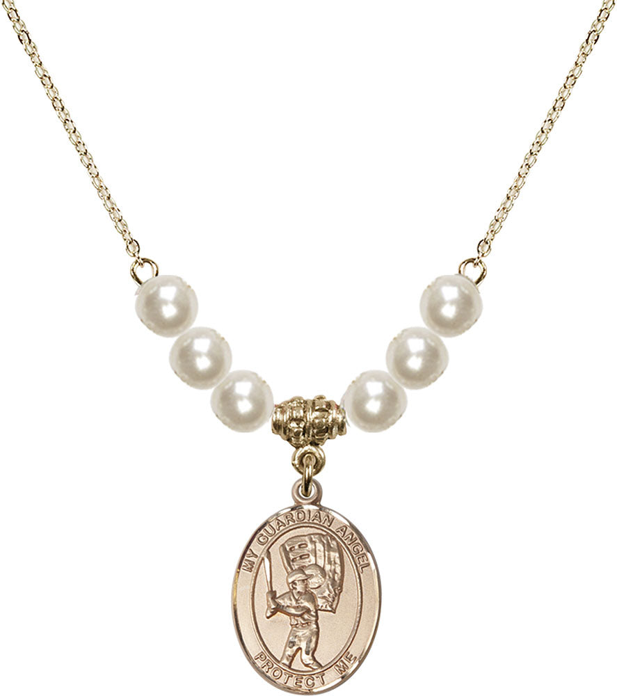 14kt Gold Filled Guardian Angel/Baseball Birthstone Necklace with Faux-Pearl Beads - 8700