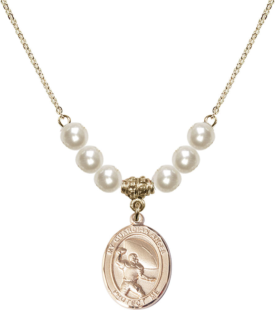 14kt Gold Filled Guardian Angel/Football Birthstone Necklace with Faux-Pearl Beads - 8701