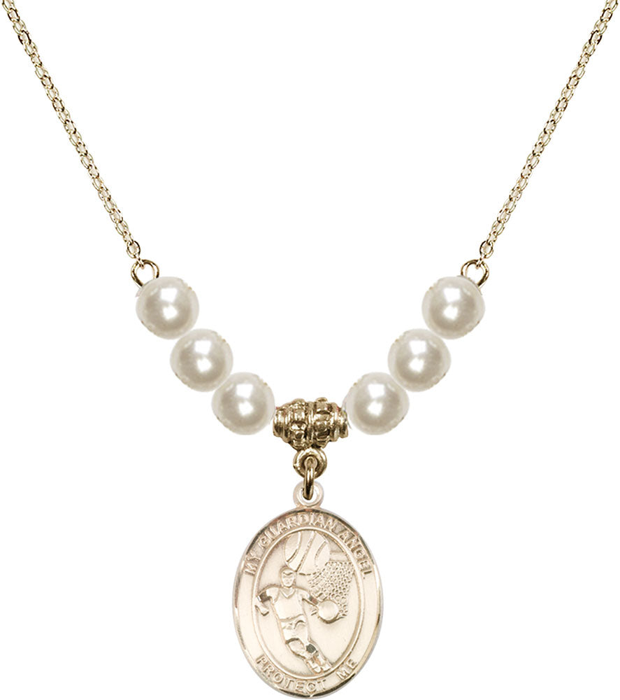 14kt Gold Filled Guardian Angel/Basketball Birthstone Necklace with Faux-Pearl Beads - 8702