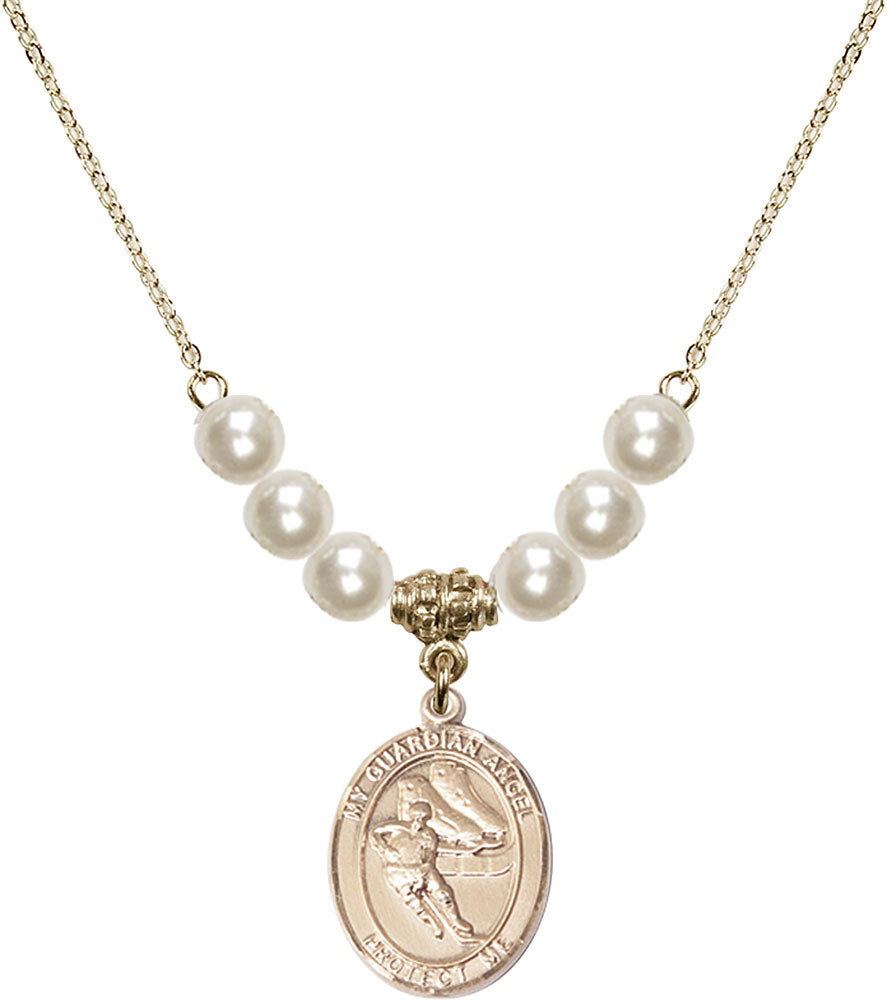 14kt Gold Filled Guardian Angel/Hockey Birthstone Necklace with Faux-Pearl Beads - 8704