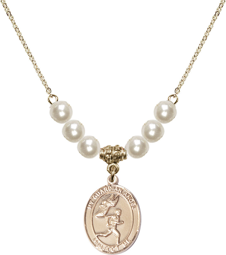 14kt Gold Filled Guardian Angel/Track&Field-Men Birthstone Necklace with Faux-Pearl Beads - 8709