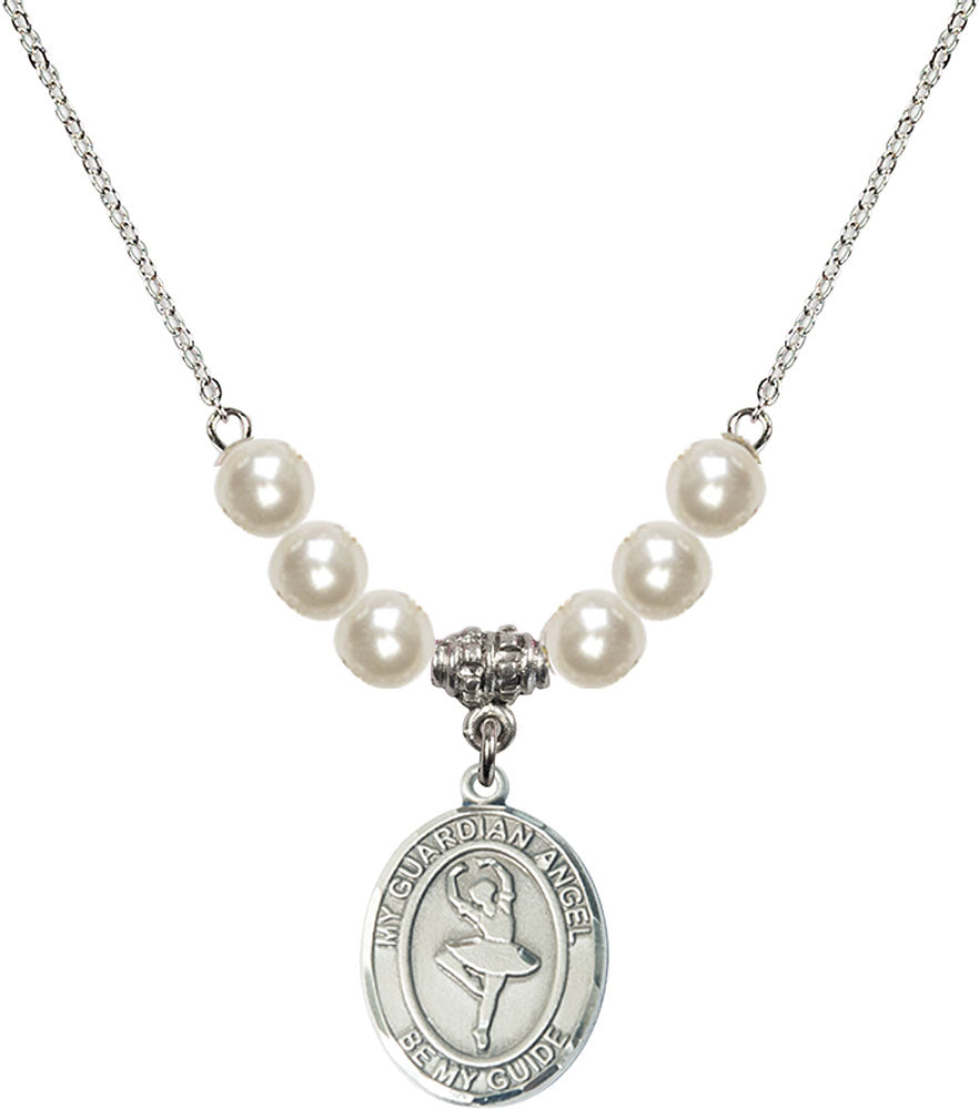 Sterling Silver Guardian Angel/Dance Birthstone Necklace with Faux-Pearl Beads - 8712