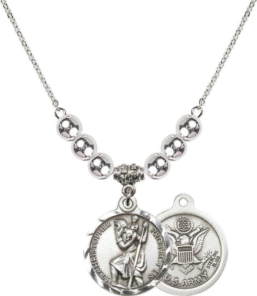Sterling Silver Saint Christopher / Army Birthstone Necklace with Sterling Silver Beads - 0192