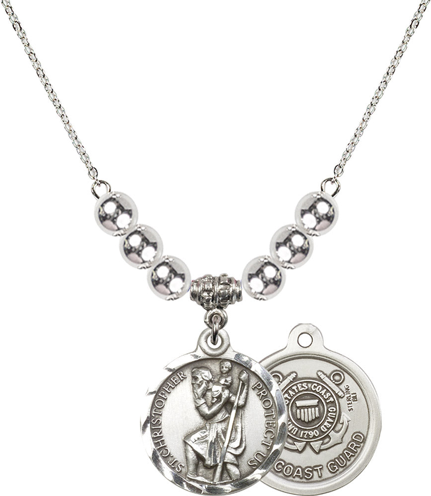 Sterling Silver Saint Christopher / Coast Guard Birthstone Necklace with Sterling Silver Beads - 0192