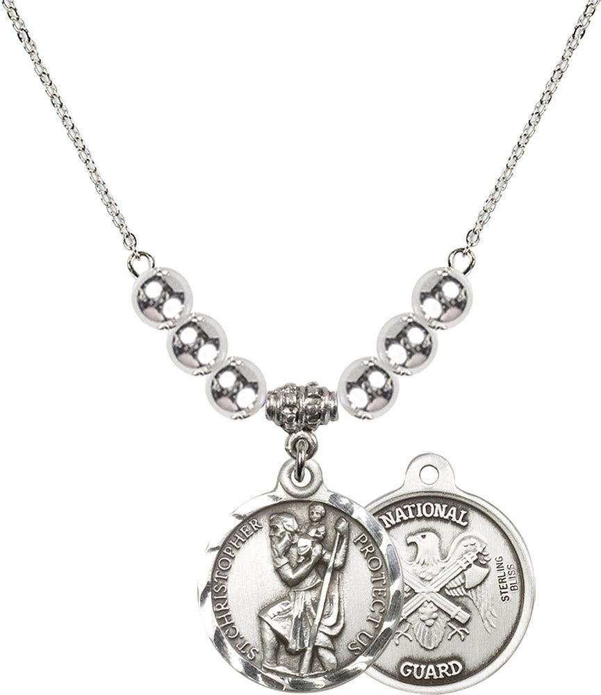 Sterling Silver Saint Christopher / Nat'l Guard Birthstone Necklace with Sterling Silver Beads - 0192