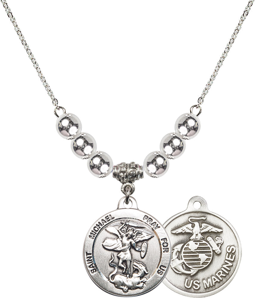 Sterling Silver Saint Michael / Marines Birthstone Necklace with Sterling Silver Beads - 0342