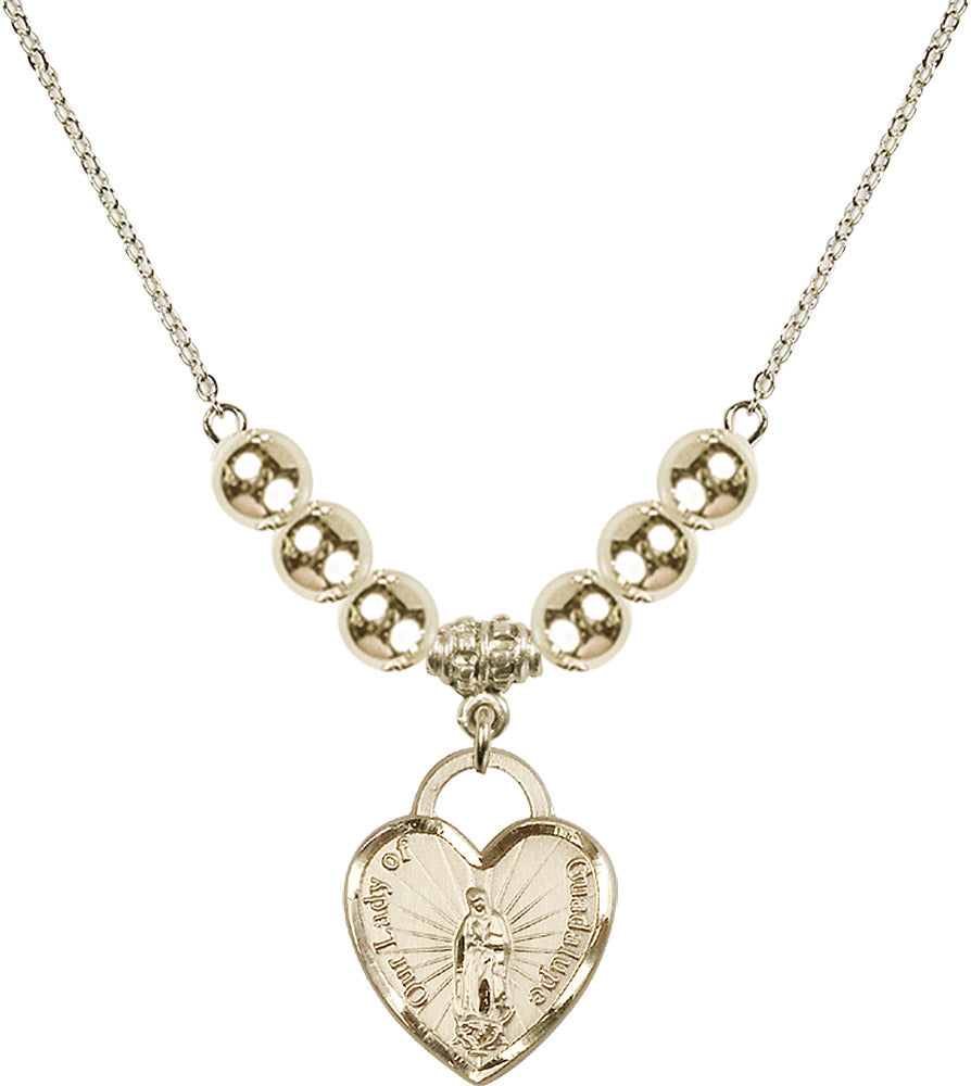 14kt Gold Filled Our Lady of Guadalupe Heart / Recuerdo Birthstone Necklace with Gold Filled Beads - 3209