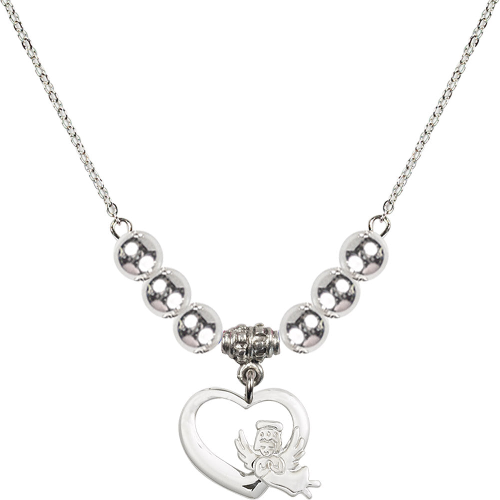 Sterling Silver Heart / Guardian Angel Birthstone Necklace with Sterling Silver Beads - 4206