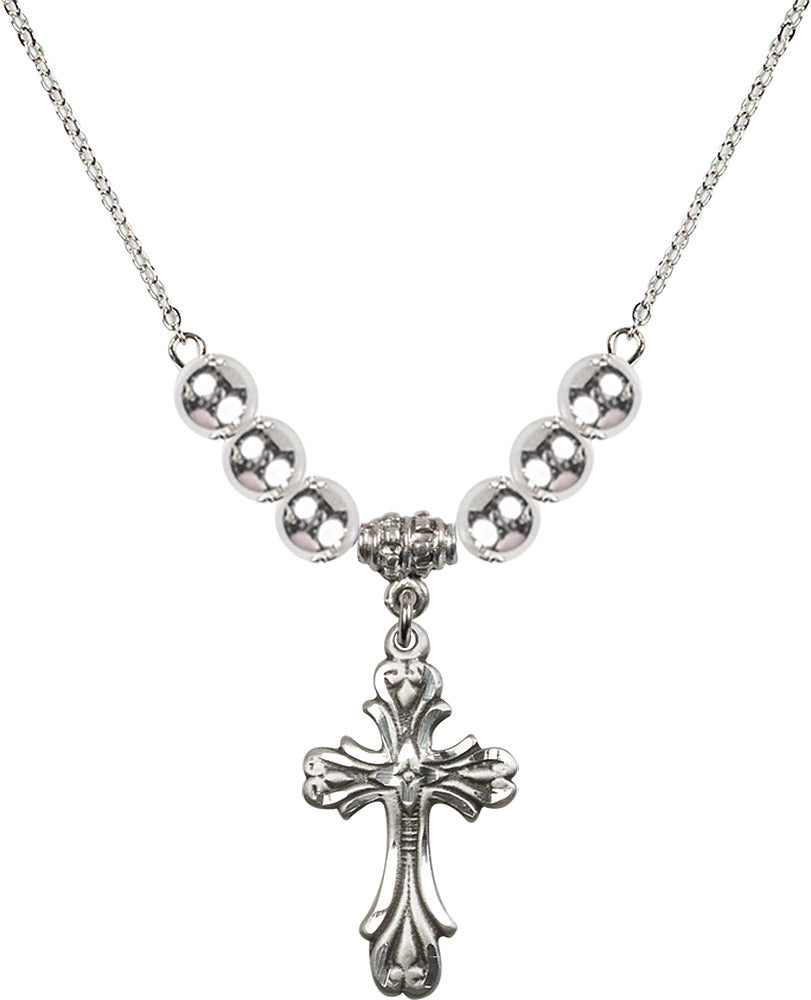 Sterling Silver Cross Birthstone Necklace with Sterling Silver Beads - 5419