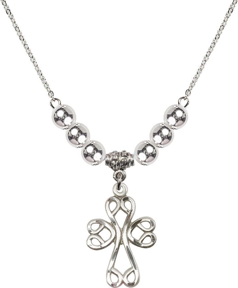Sterling Silver Scroll Cross Birthstone Necklace with Sterling Silver Beads - 5998