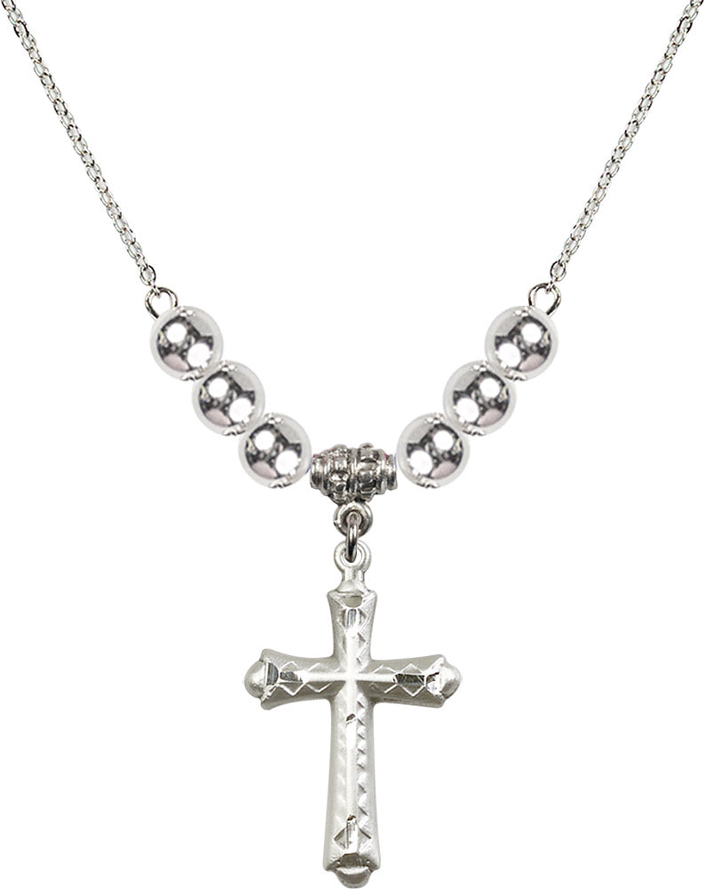 Sterling Silver Cross Birthstone Necklace with Sterling Silver Beads - 6007