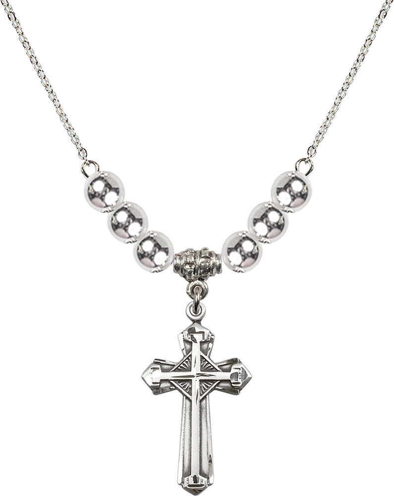 Sterling Silver Cross Birthstone Necklace with Sterling Silver Beads - 6012