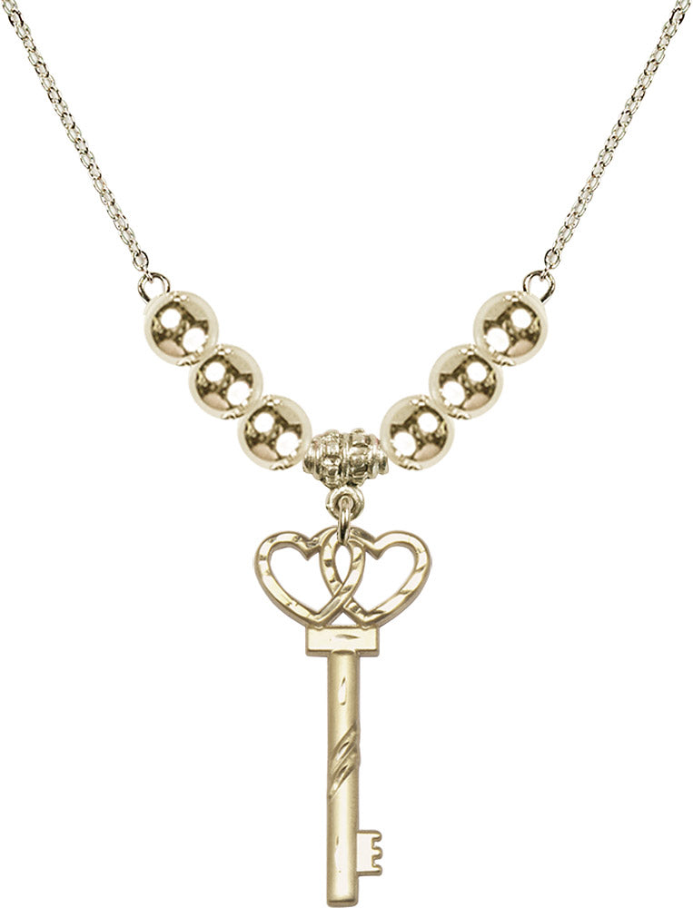 14kt Gold Filled Small Key w/Double Hearts Birthstone Necklace with Gold Filled Beads - 6213