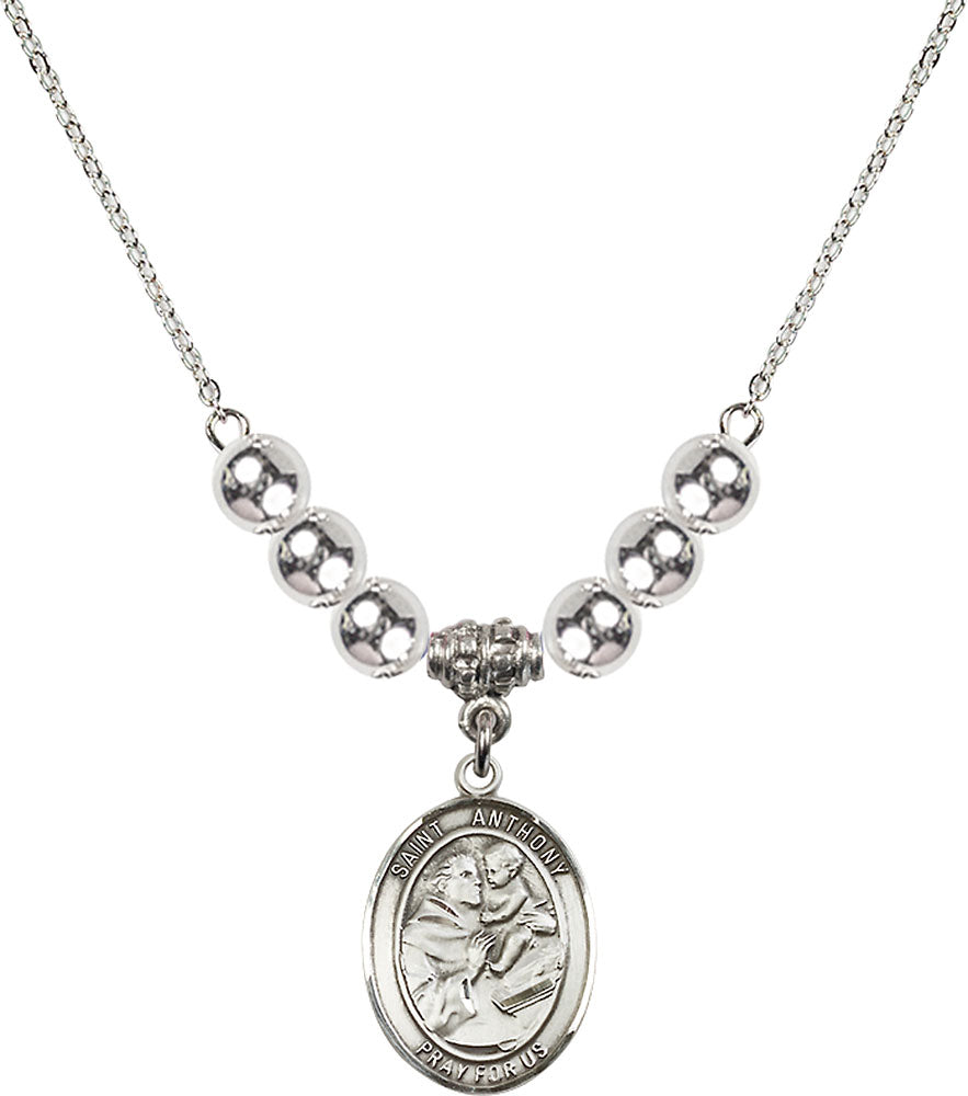 Sterling Silver Saint Anthony of Padua Birthstone Necklace with Sterling Silver Beads - 8004