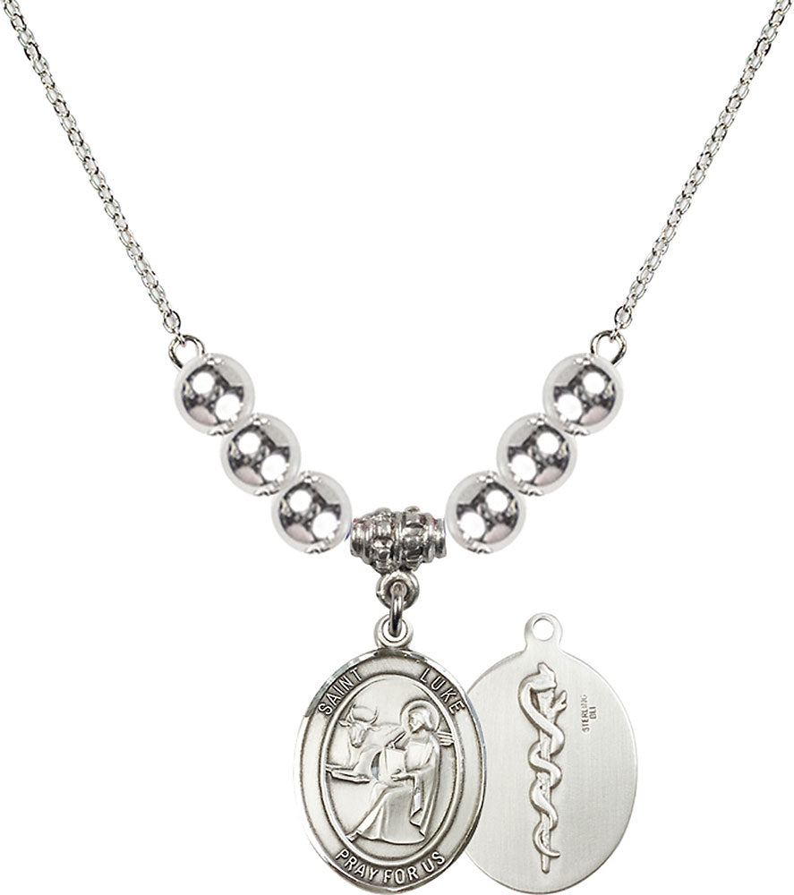 Sterling Silver Saint Luke the Apostle / Doctor Birthstone Necklace with Sterling Silver Beads - 8068