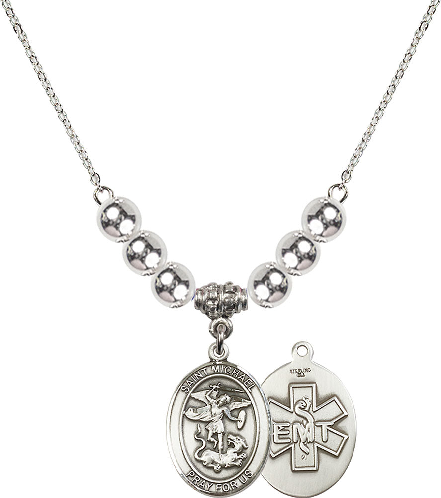 Sterling Silver Saint Michael / EMT Birthstone Necklace with Sterling Silver Beads - 8076