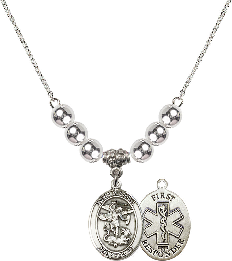 Sterling Silver Saint Michael/1St Responder Birthstone Necklace with Sterling Silver Beads - 8076
