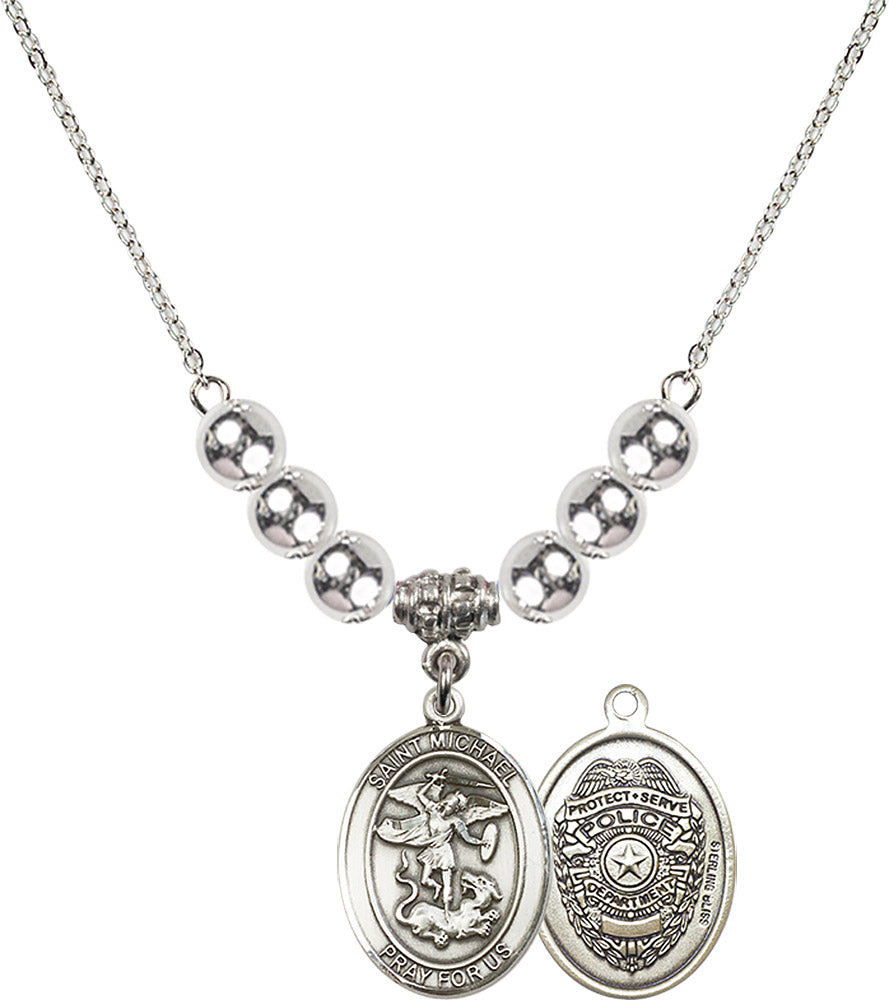 Sterling Silver Saint Michael / Policeman Birthstone Necklace with Sterling Silver Beads - 8076