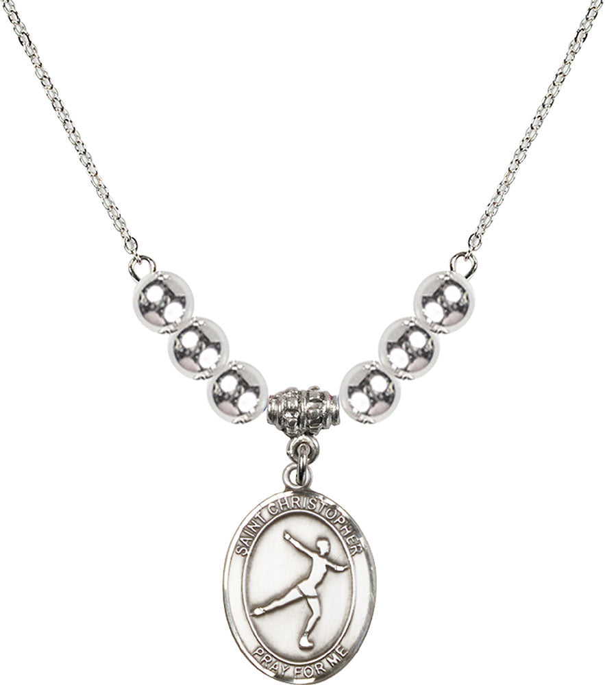 Sterling Silver Saint Christopher/Figure Skating Birthstone Necklace with Sterling Silver Beads - 8139
