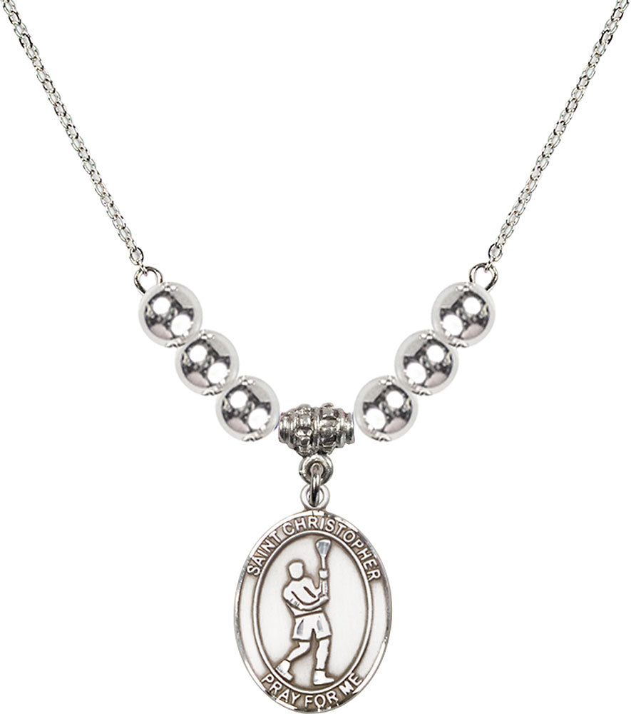 Sterling Silver Saint Christopher/Lacrosse Birthstone Necklace with Sterling Silver Beads - 8144