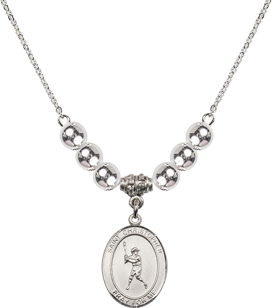 Sterling Silver Saint Christopher/Baseball Birthstone Necklace with Sterling Silver Beads - 8150