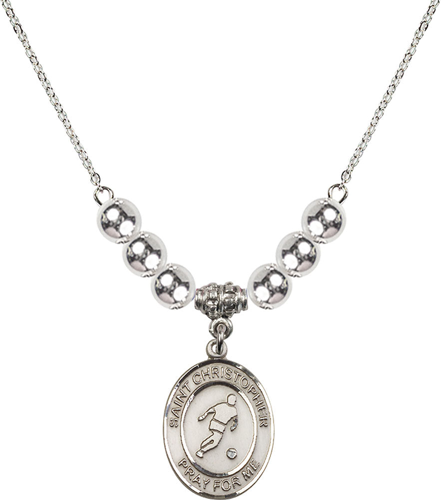 Sterling Silver Saint Christopher/Soccer Birthstone Necklace with Sterling Silver Beads - 8154