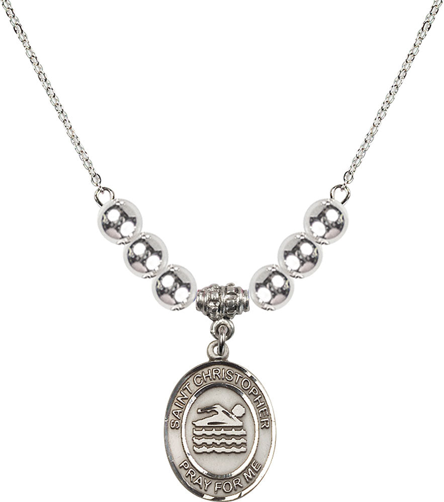 Sterling Silver Saint Christopher/Swimming Birthstone Necklace with Sterling Silver Beads - 8157
