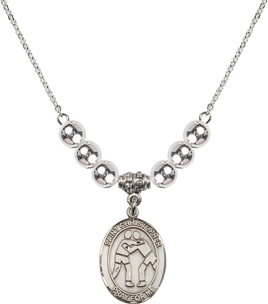 Sterling Silver Saint Christopher/Wrestling Birthstone Necklace with Sterling Silver Beads - 8159