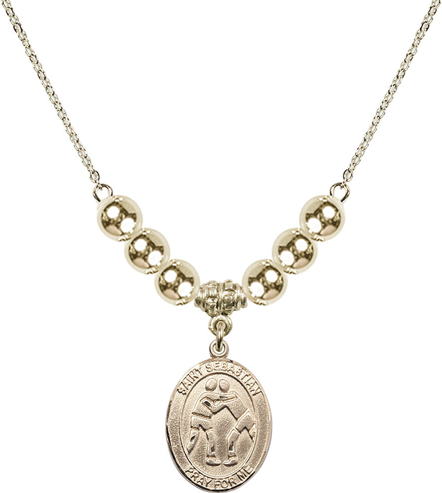 14kt Gold Filled Saint Sebastian/Wrestling Birthstone Necklace with Gold Filled Beads - 8171