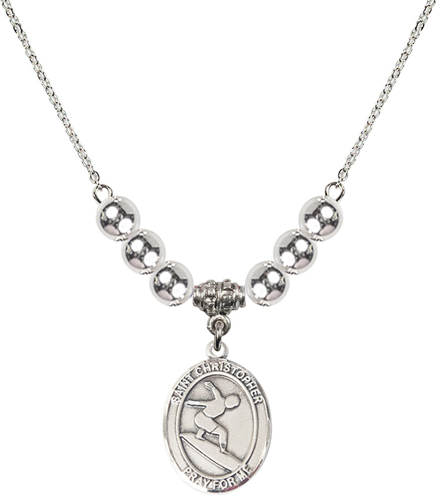 Sterling Silver Saint Christopher/Surfing Birthstone Necklace with Sterling Silver Beads - 8184
