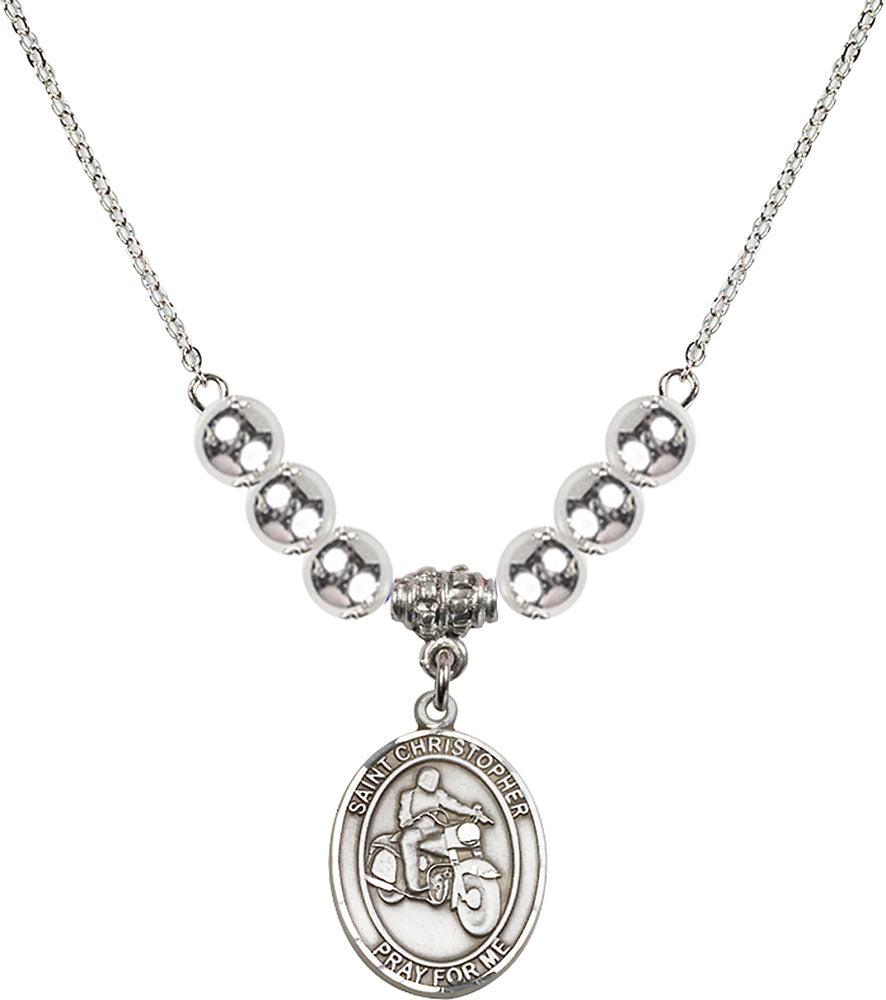 Sterling Silver Saint Christopher/Motorcycle Birthstone Necklace with Sterling Silver Beads - 8185