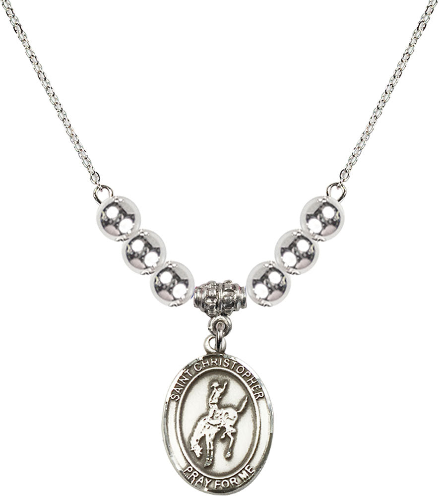 Sterling Silver Saint Christopher / Rodeo Birthstone Necklace with Sterling Silver Beads - 8192