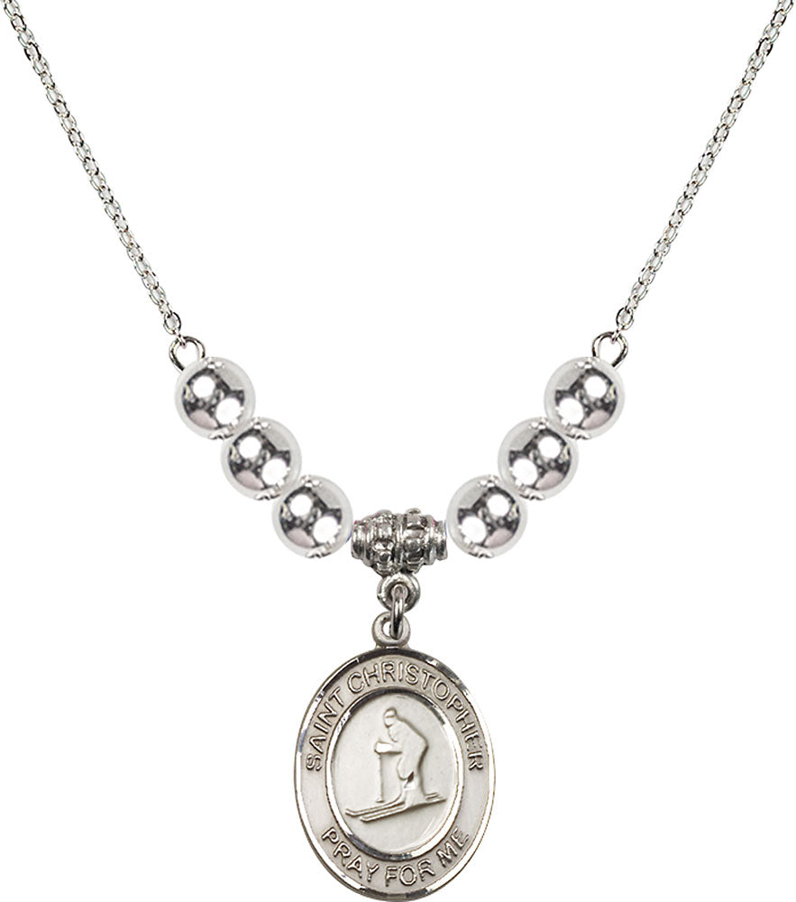 Sterling Silver Saint Christopher / Skiing Birthstone Necklace with Sterling Silver Beads - 8193