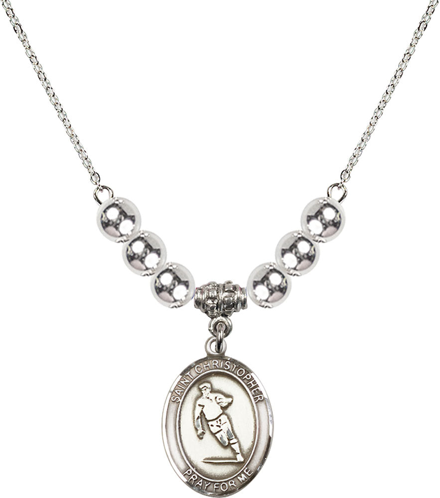 Sterling Silver Saint Christopher / Rugby Birthstone Necklace with Sterling Silver Beads - 8194
