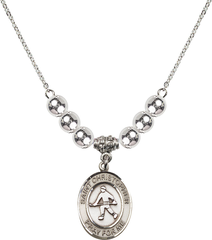 Sterling Silver Saint Christopher / Field Hockey Birthstone Necklace with Sterling Silver Beads - 8195