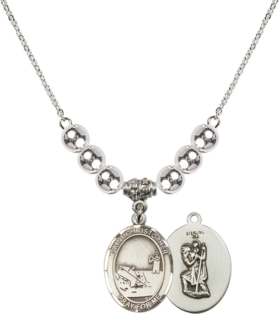 Sterling Silver Saint Christopher / Fishing Birthstone Necklace with Sterling Silver Beads - 8196