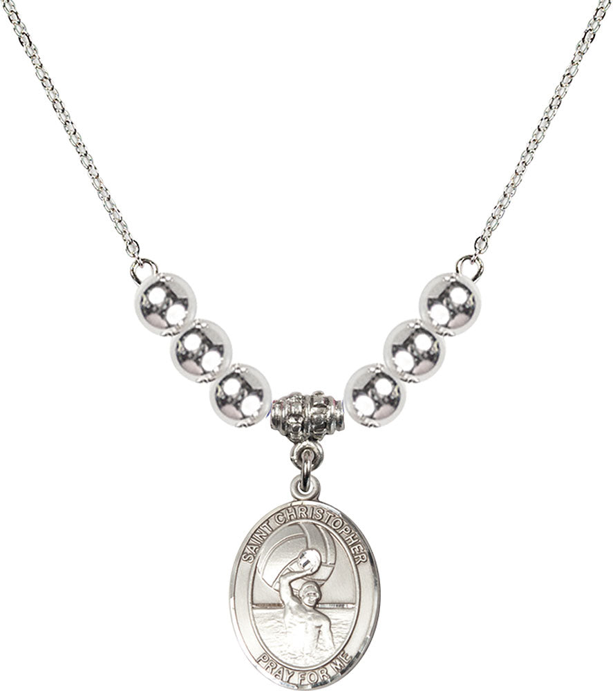 Sterling Silver Saint Christopher/Water Polo-Men Birthstone Necklace with Sterling Silver Beads - 8198