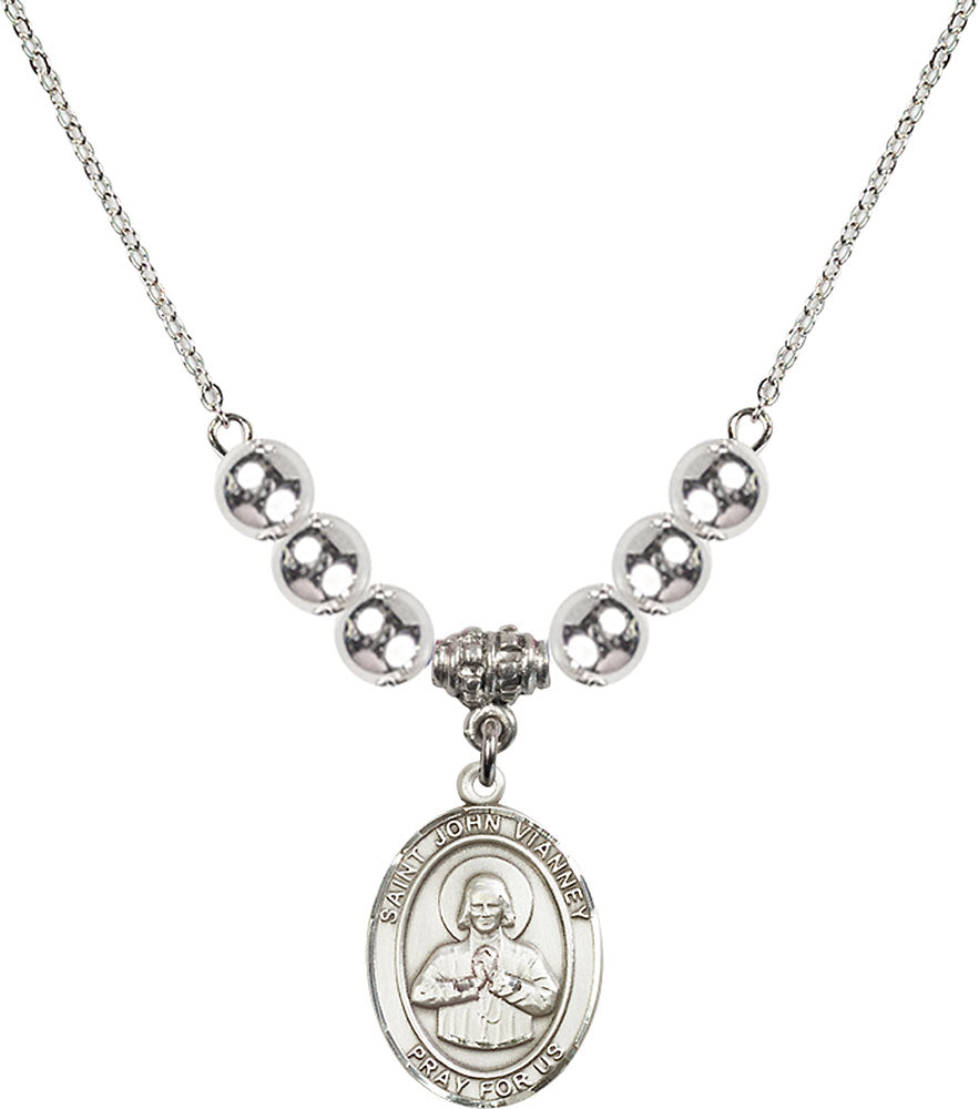 Sterling Silver Saint John Vianney Birthstone Necklace with Sterling Silver Beads - 8282