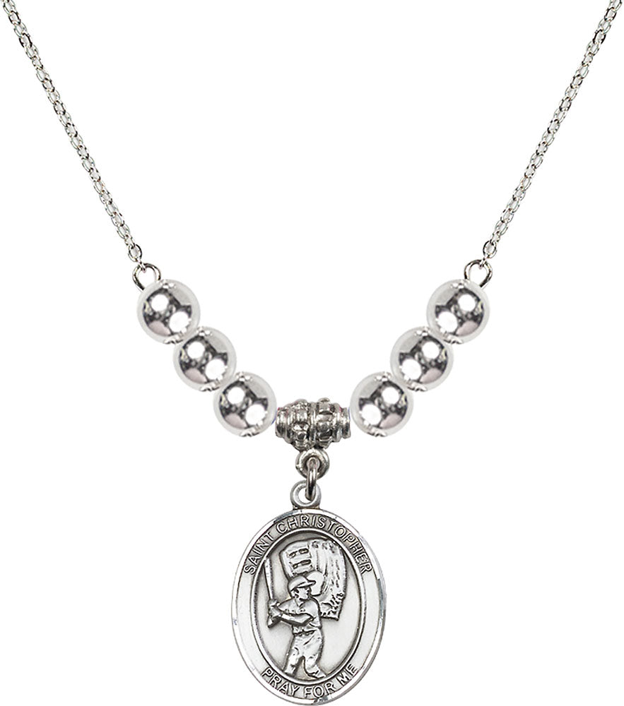Sterling Silver Saint Christopher/Baseball Birthstone Necklace with Sterling Silver Beads - 8500