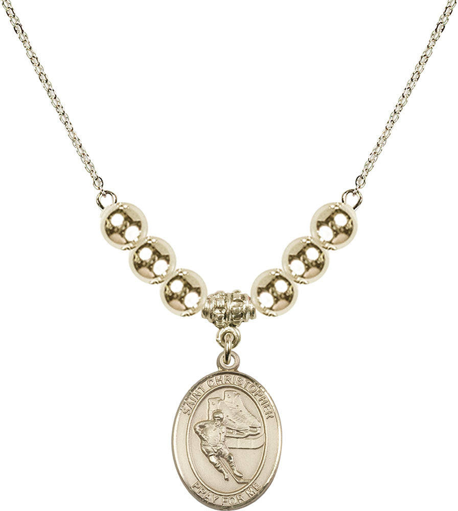 14kt Gold Filled Saint Christopher/Hockey Birthstone Necklace with Gold Filled Beads - 8504