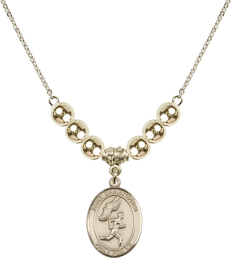 14kt Gold Filled Saint Christopher/Track&Field-Men Birthstone Necklace with Gold Filled Beads - 8509