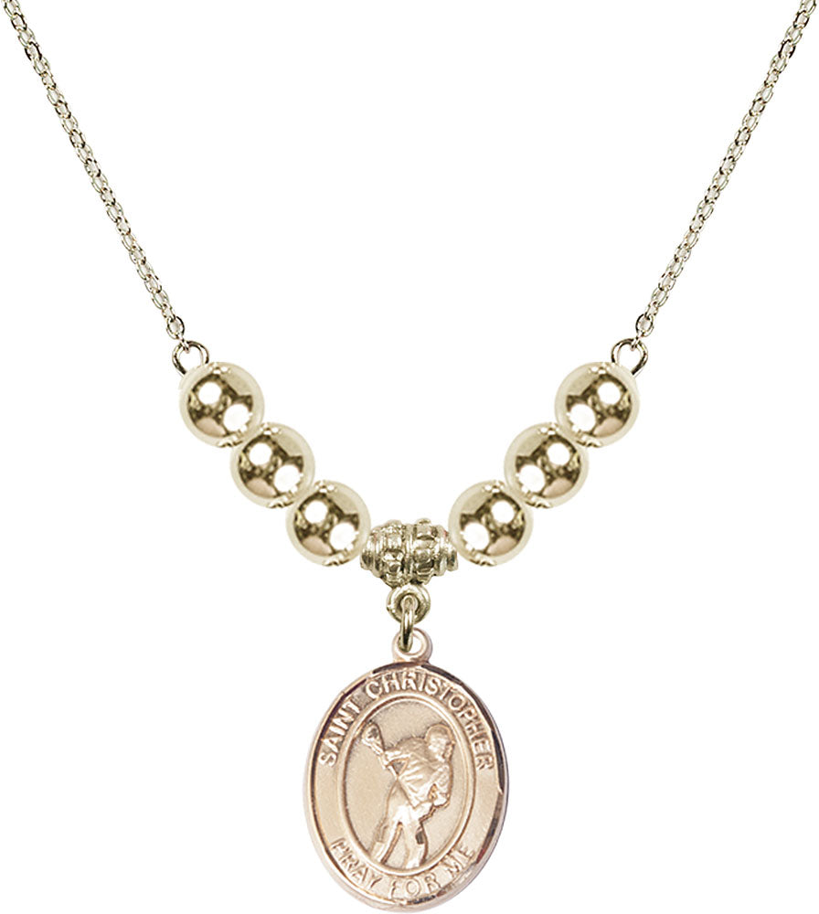 14kt Gold Filled Saint Christopher/Lacrosse Birthstone Necklace with Gold Filled Beads - 8516