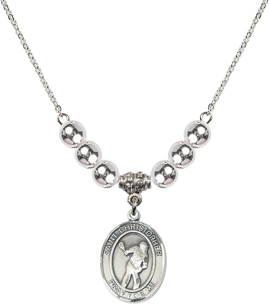 Sterling Silver Saint Christopher/Lacrosse Birthstone Necklace with Sterling Silver Beads - 8516