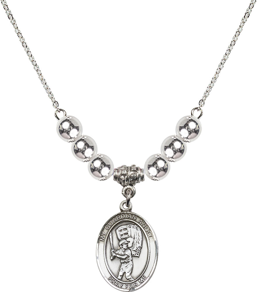 Sterling Silver Guardian Angel/Baseball Birthstone Necklace with Sterling Silver Beads - 8700