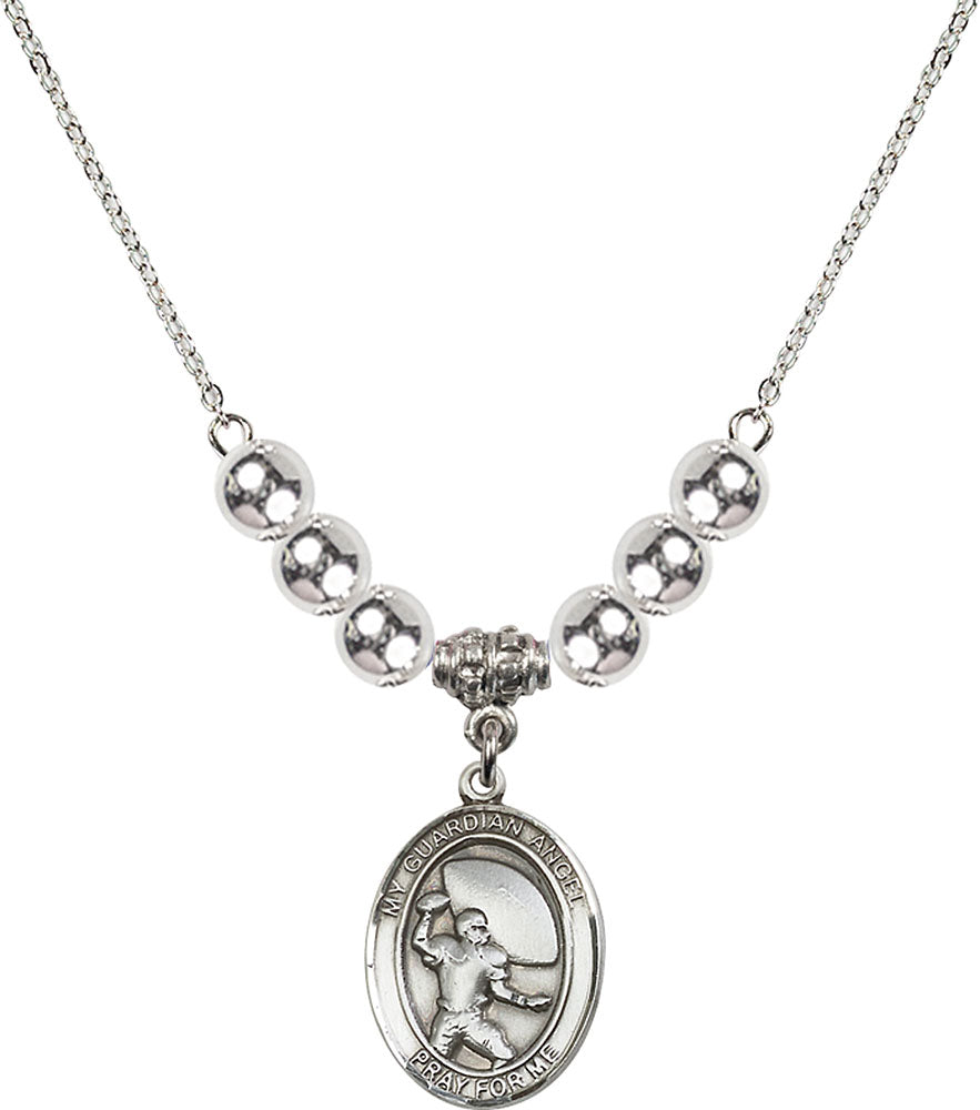 Sterling Silver Guardian Angel/Football Birthstone Necklace with Sterling Silver Beads - 8701